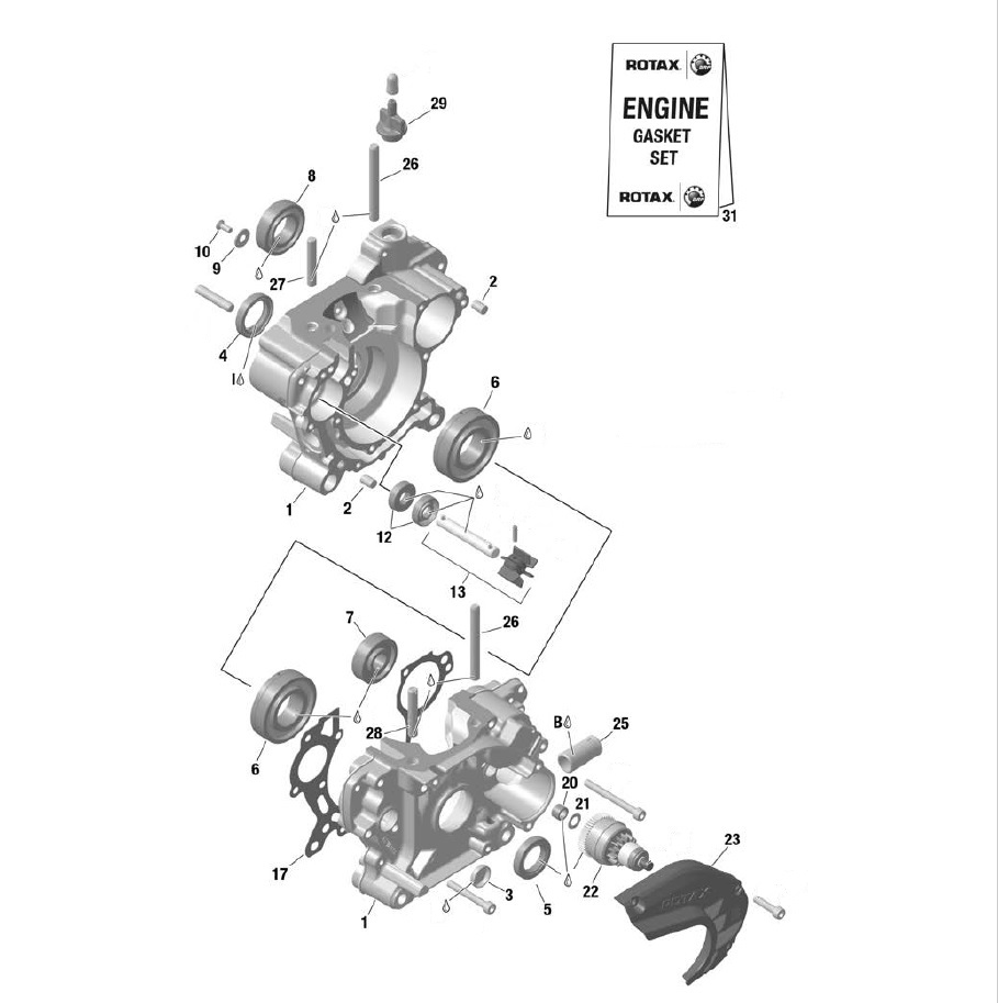 Crankcase, Water pump, E-starter drive...